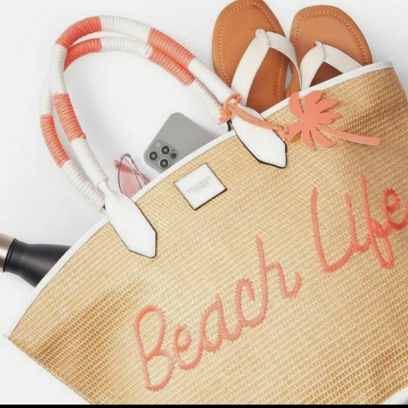 Victoria’s Secret Rafia Embroidery Beach Life Bag Tote Handbag White Peach - Picture 5 of 10